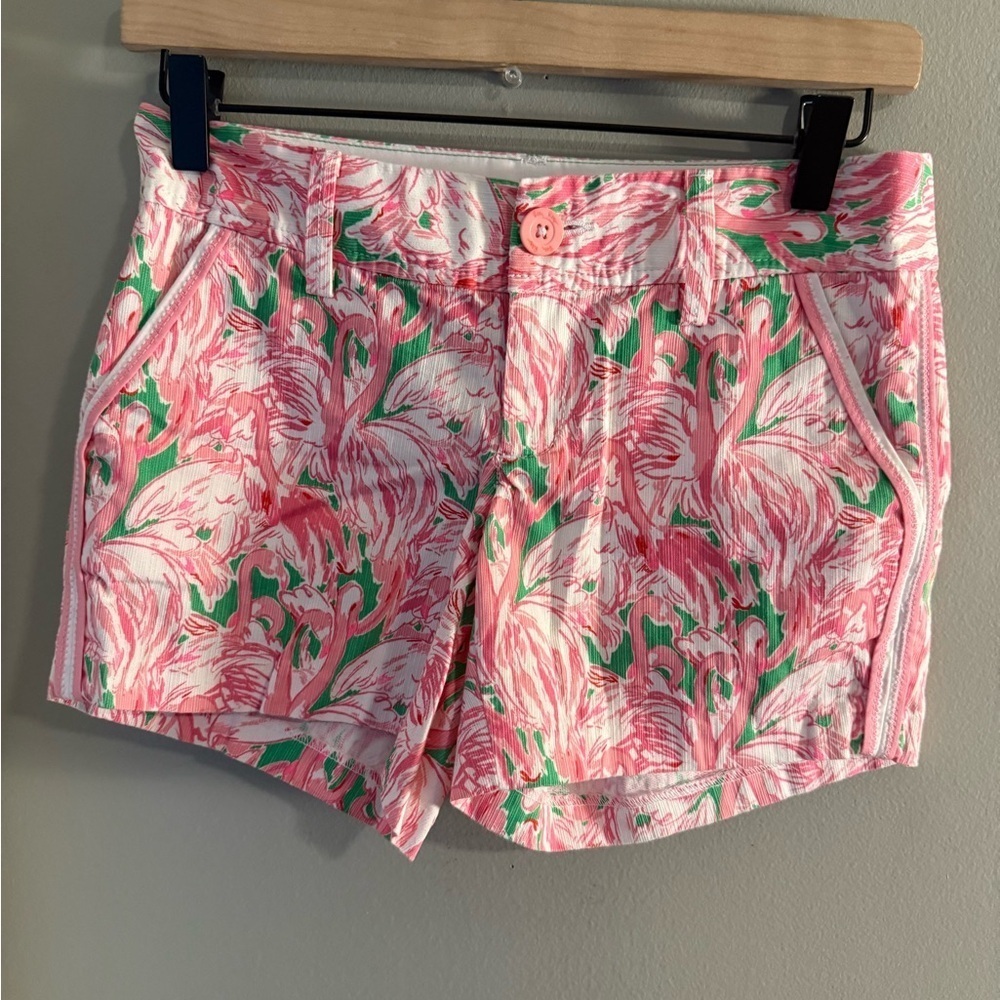 Lilly Pulitzer Pink and Green Bermuda Shorts Vibrant Tropical Print